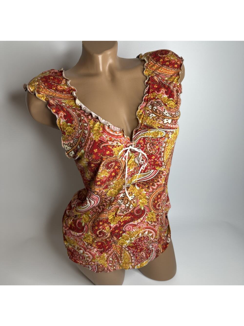 Vintage Bellina Y2K Paisley Lace Up Ruffle Top Large Boho Fairycore Festival 90s
